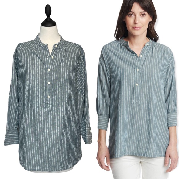 FRYE Size Large Popover Cotton Tunic Top 3/4 Sleeve Diamond Stripe Half Button - Picture 1 of 16